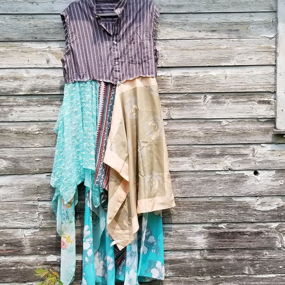 Boho Chic Sleeveless High Low Dress Upcycled